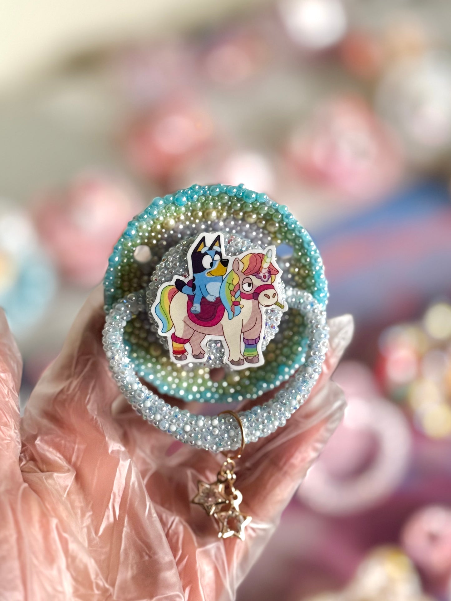 Blue and unicorn round adult sized pacifier