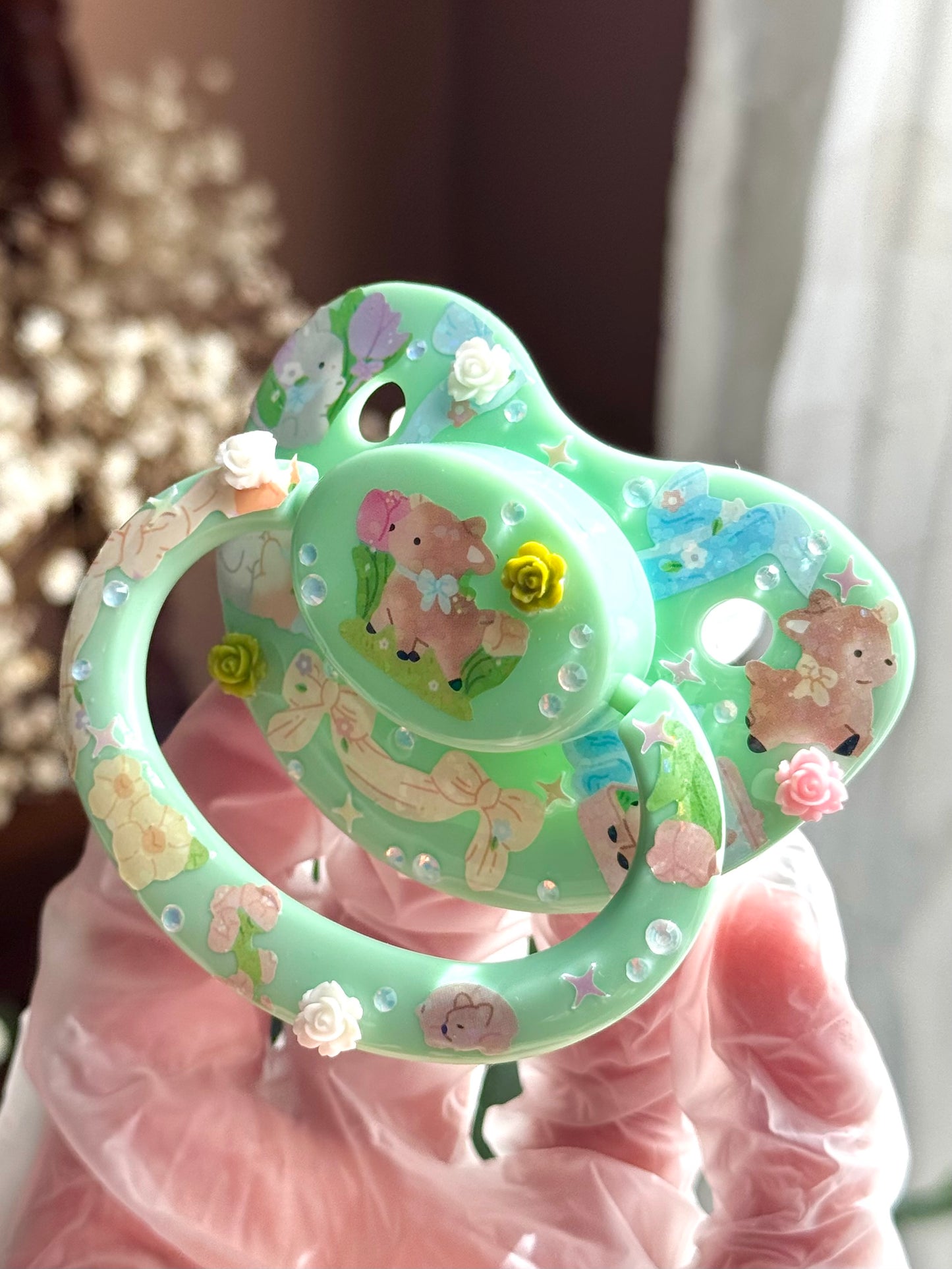 Soft doe and bunny bunnies adult sized sticker resin pacifier