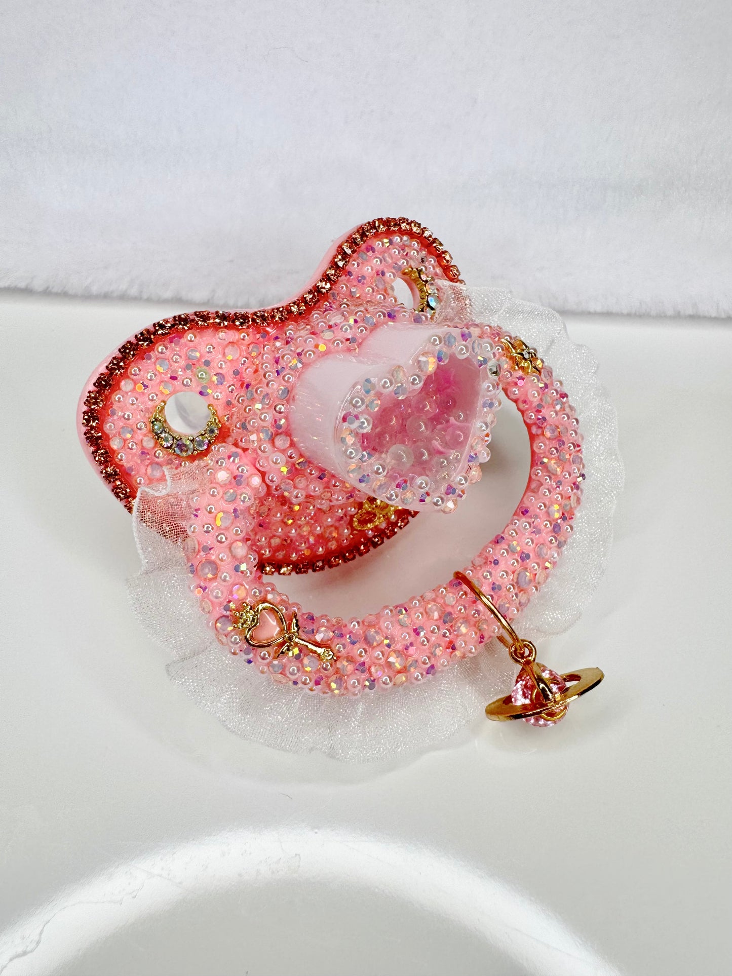 Little love heart shaker adult sized handle lace pacifier with charm