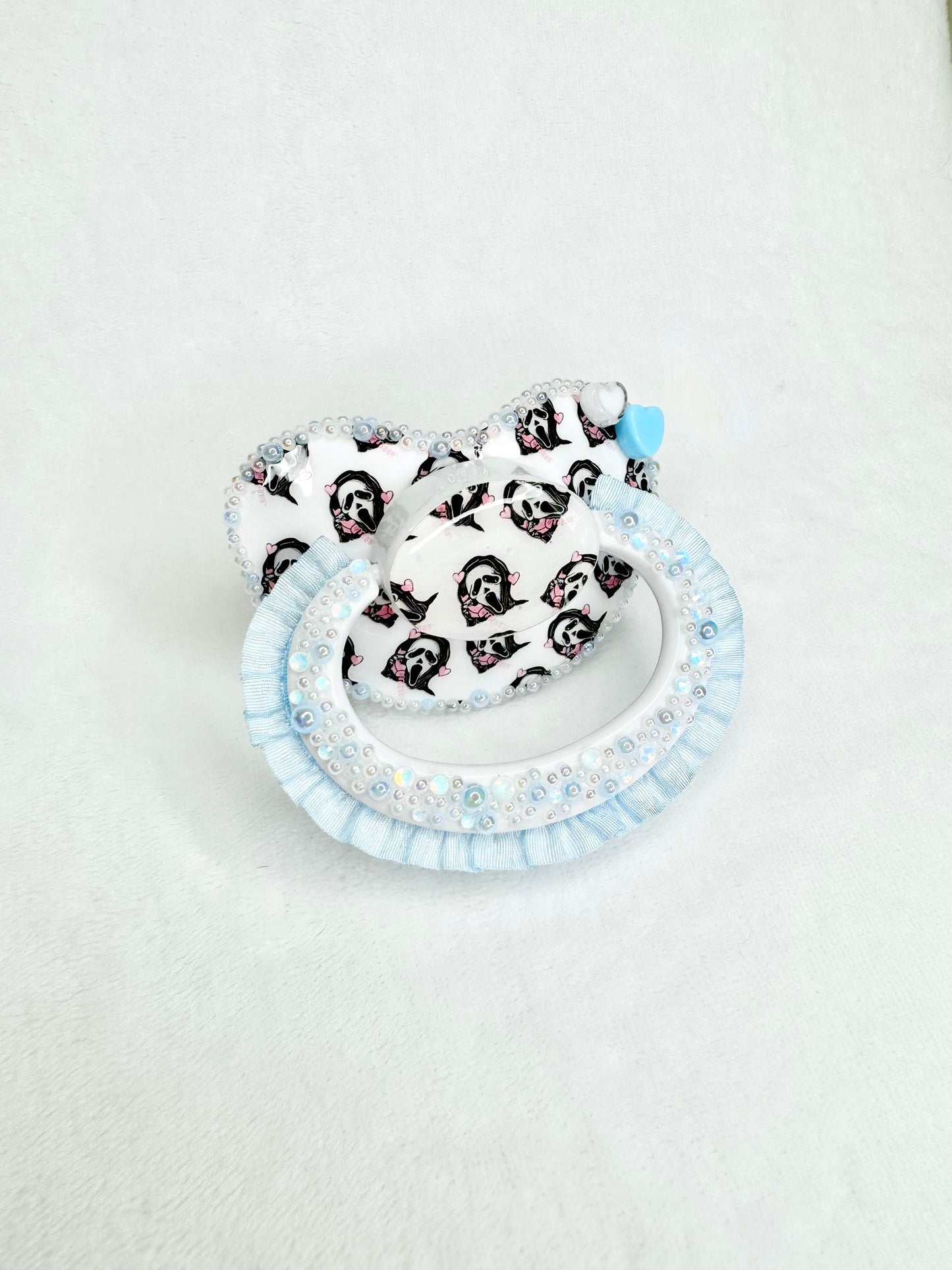 Ghost face horror adult sized vinyl heat sealed image lace handle pacifier