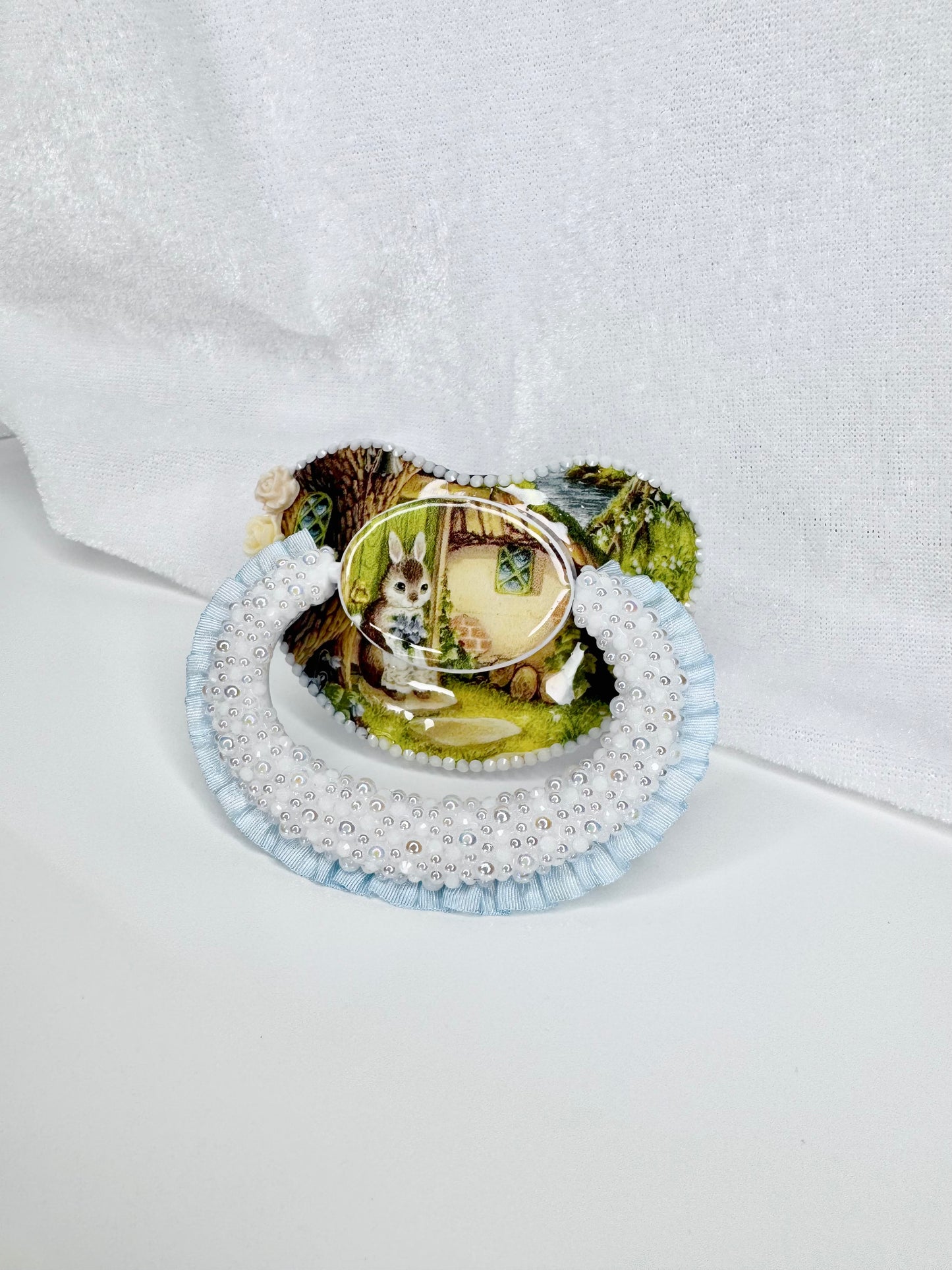 Spring bunny blue vinyl image heat sealed adult sized lace handle pacifier