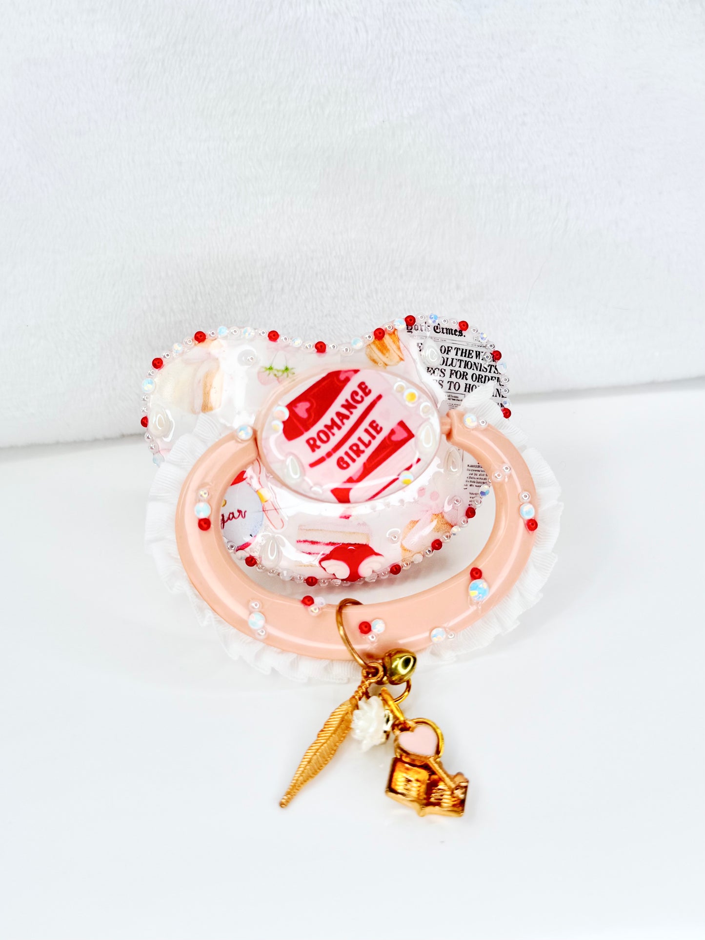 Romance girlie adult vinyl image pacifier with lace handle