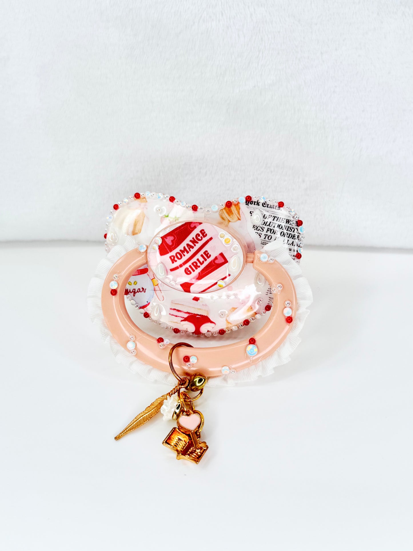 Romance girlie adult vinyl image pacifier with lace handle