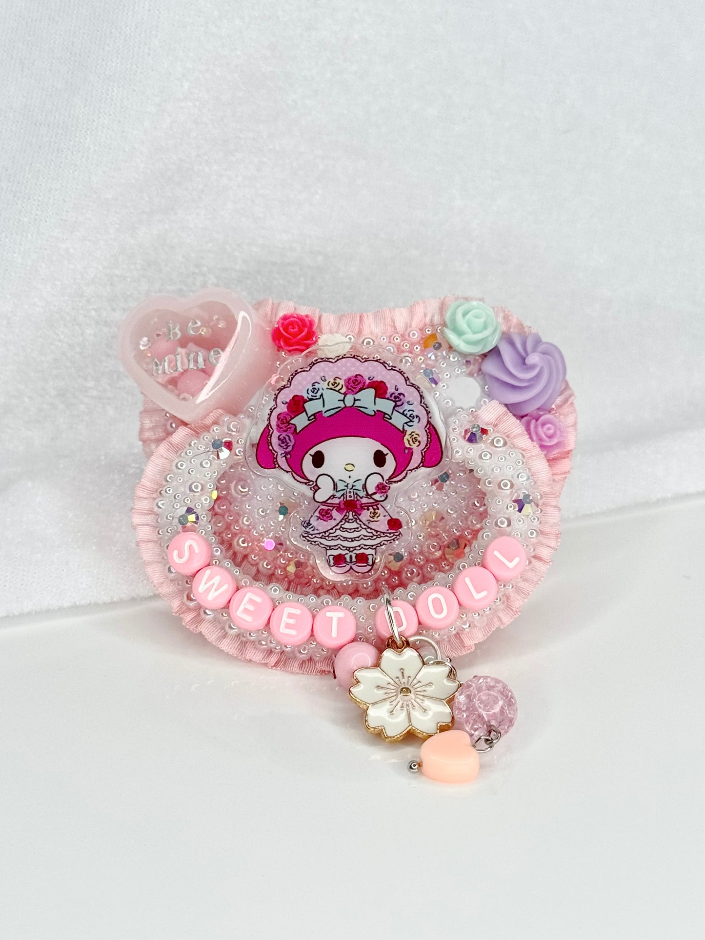 Sweet doll My Melody Valentine dry shaker adult sized pacifier with charm full lace