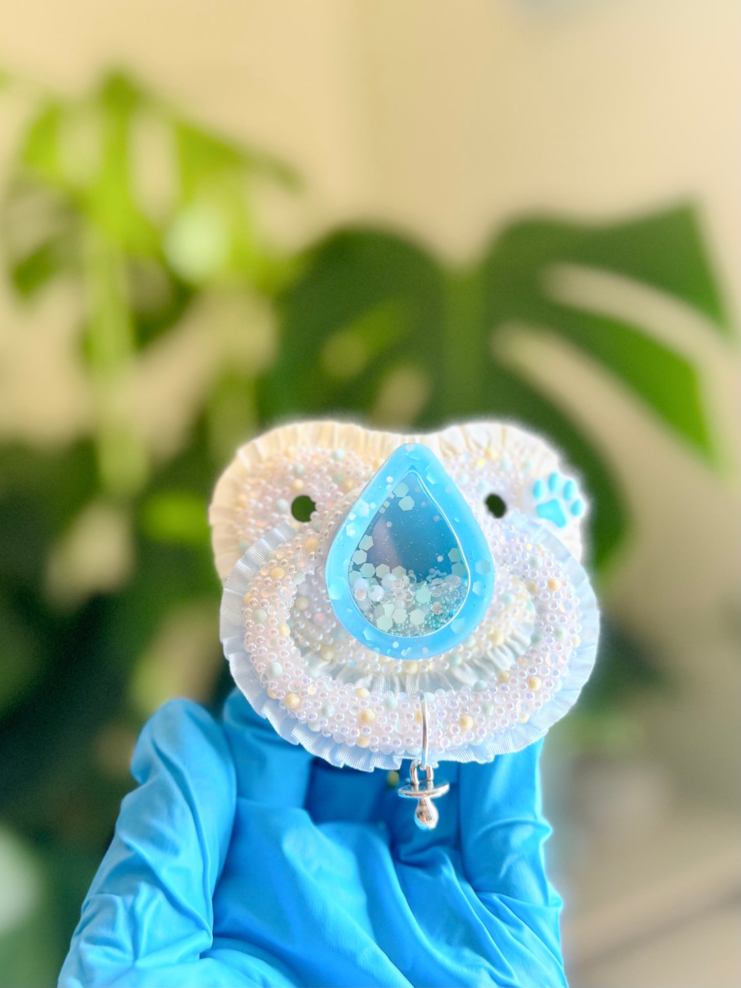 Water Droplet Dry shaker adult sized pacifier with full lace