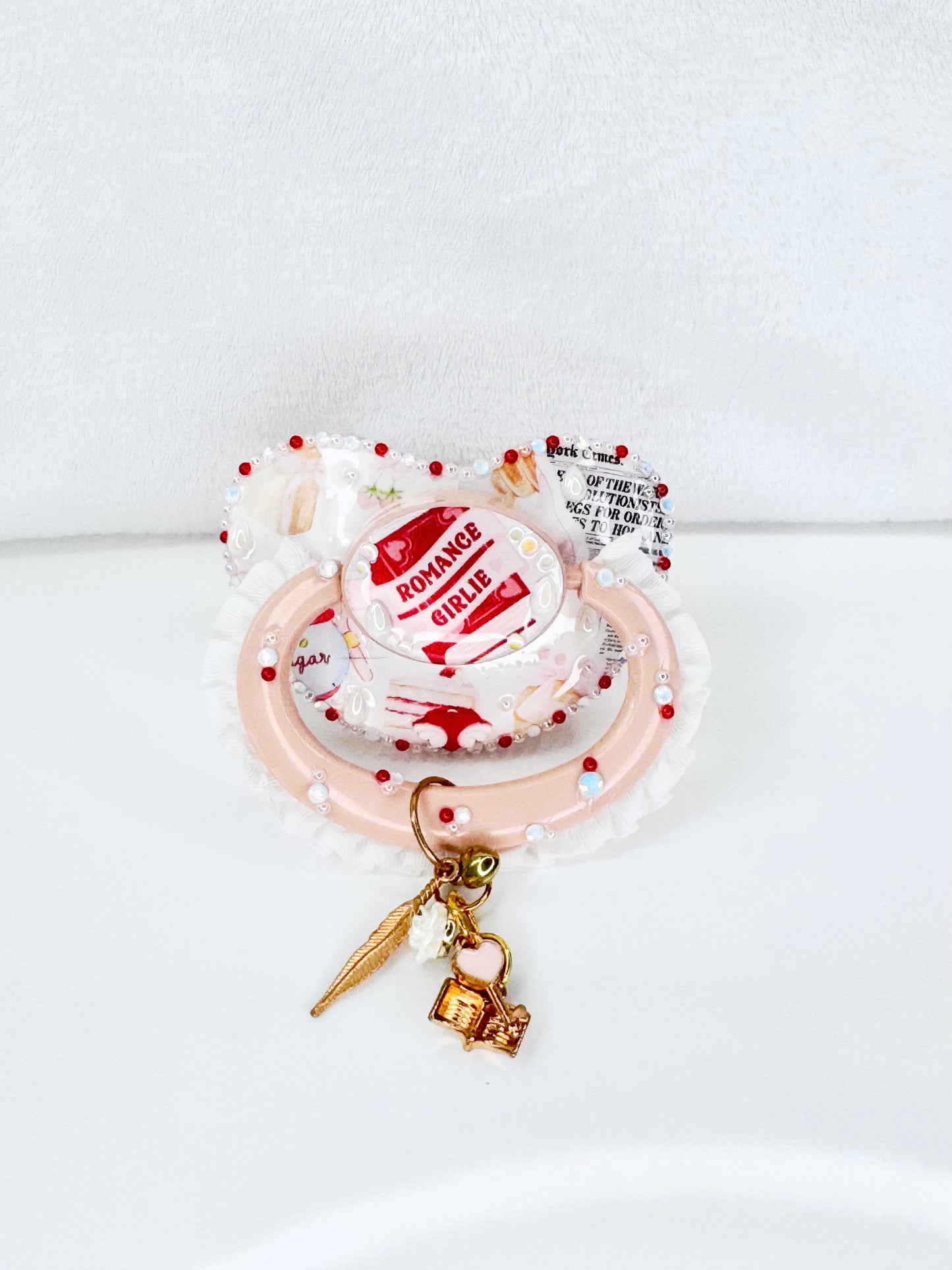 Romance girlie adult vinyl image pacifier with lace handle