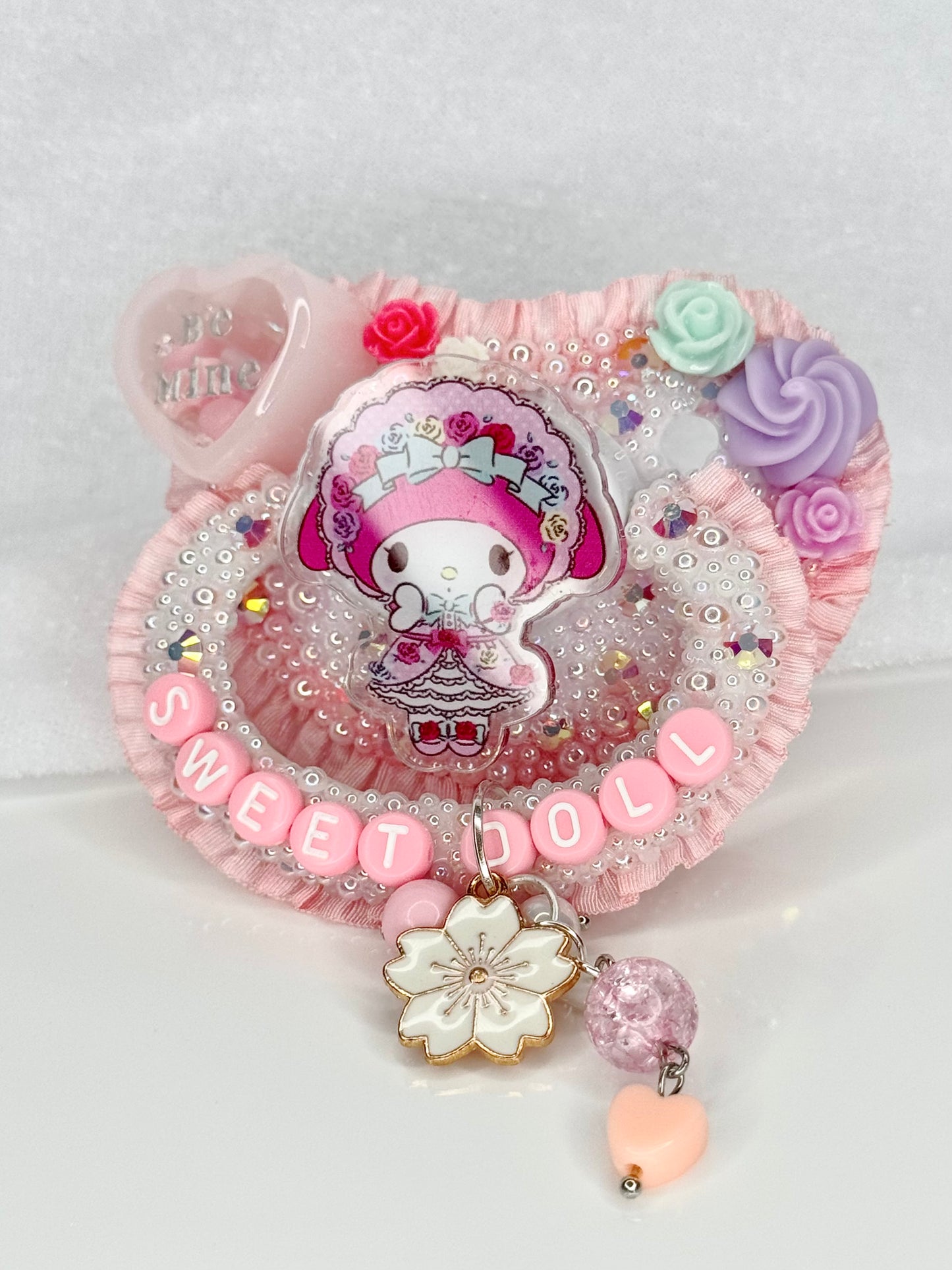 Sweet doll My Melody Valentine dry shaker adult sized pacifier with charm full lace