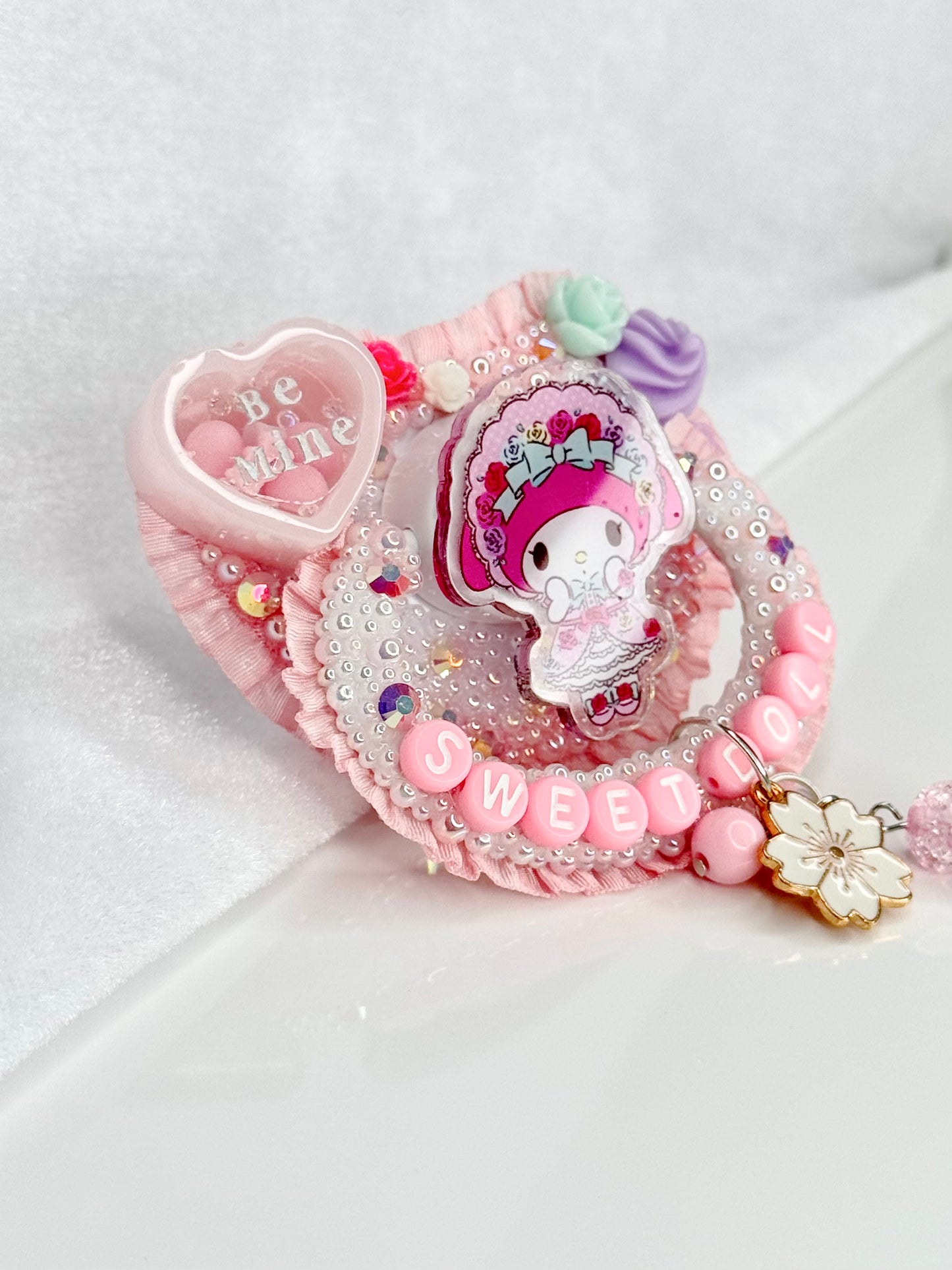 Sweet doll My Melody Valentine dry shaker adult sized pacifier with charm full lace