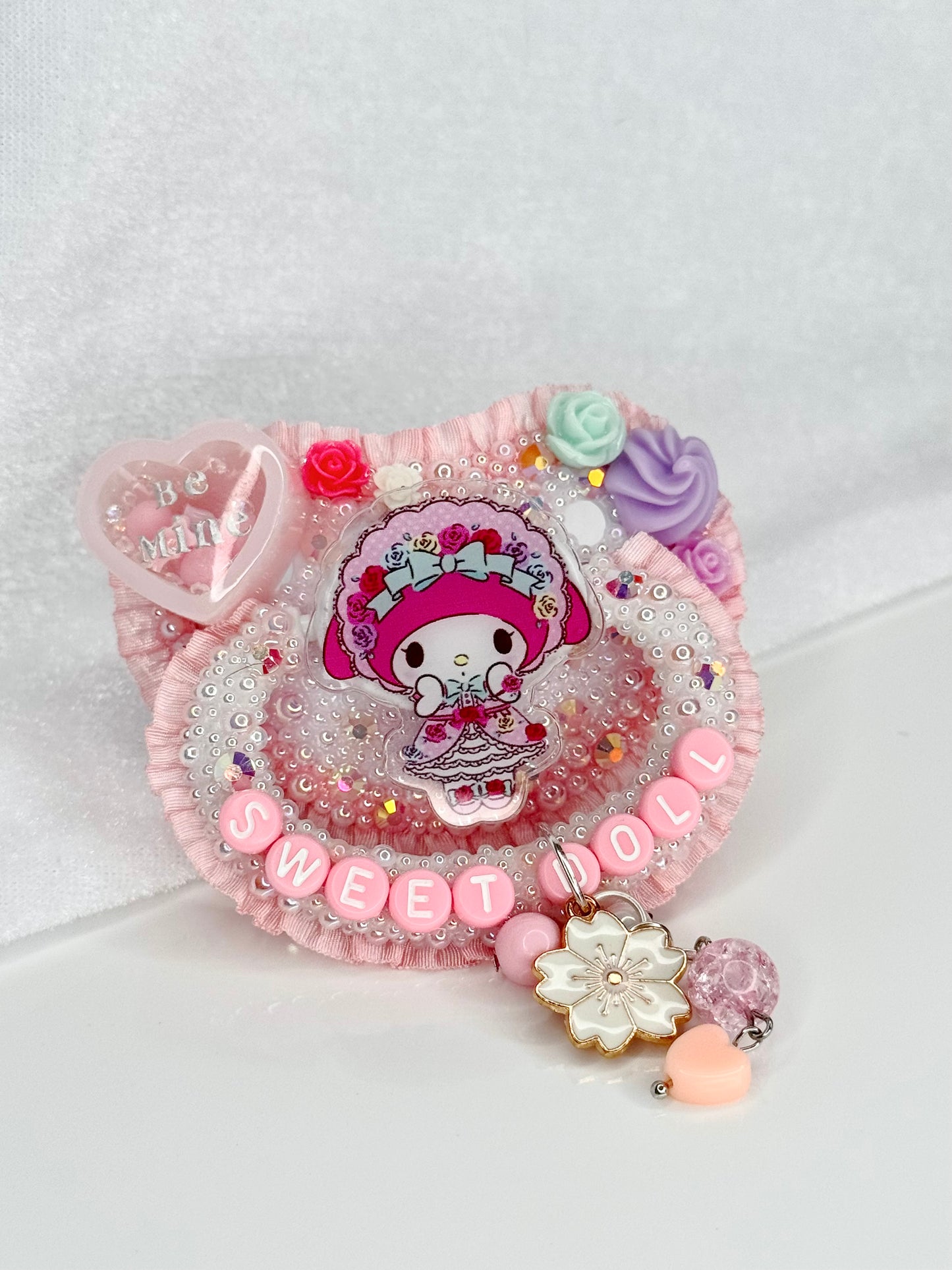 Sweet doll My Melody Valentine dry shaker adult sized pacifier with charm full lace