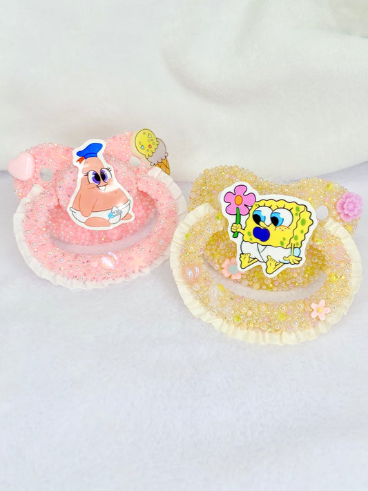 Baby set pink and yellow adult sized pacifiers with lace handle
