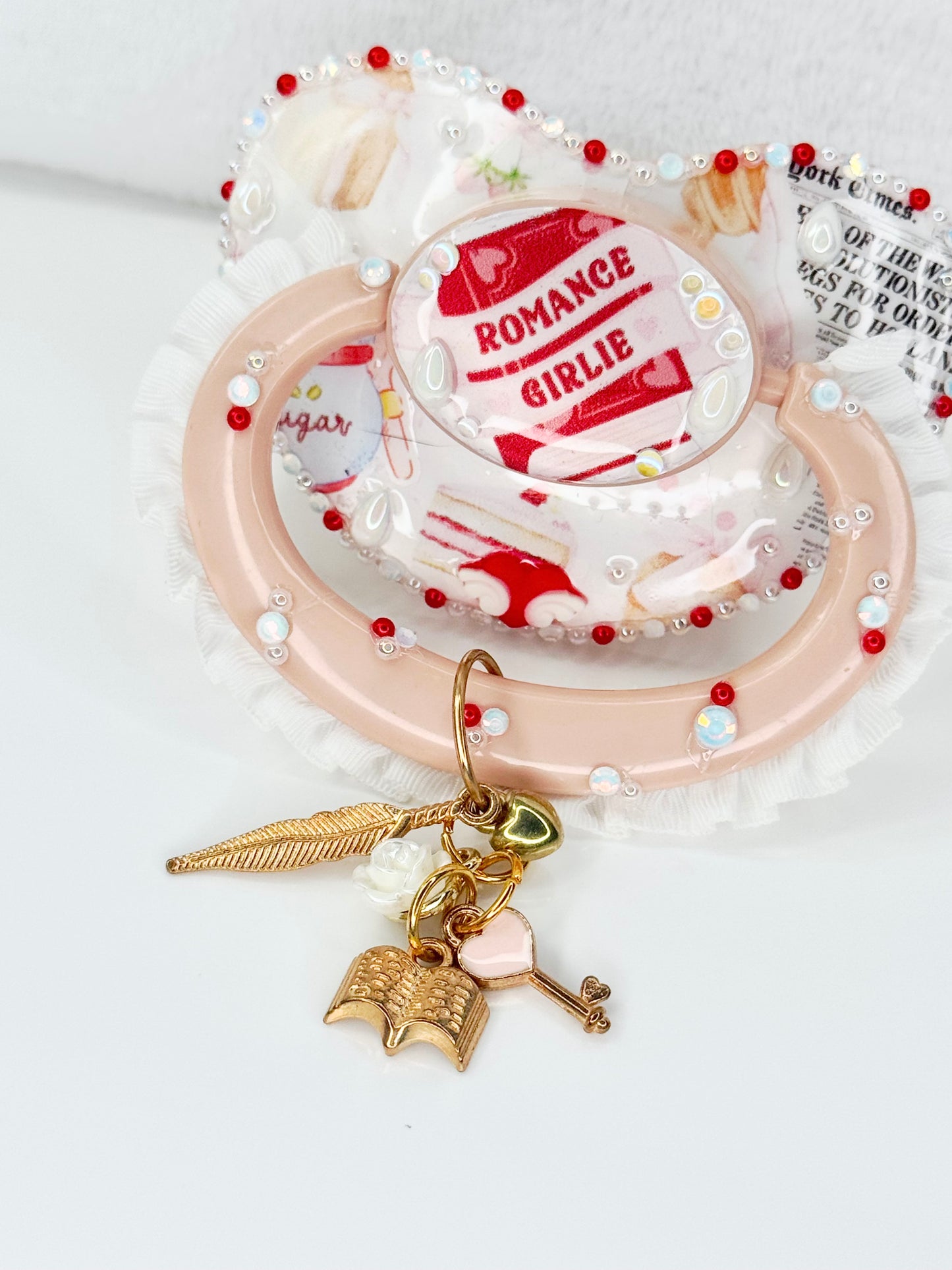 Romance girlie adult vinyl image pacifier with lace handle