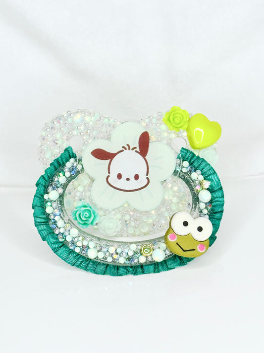 Flower pup and frog adult sized pacifier with lace handle